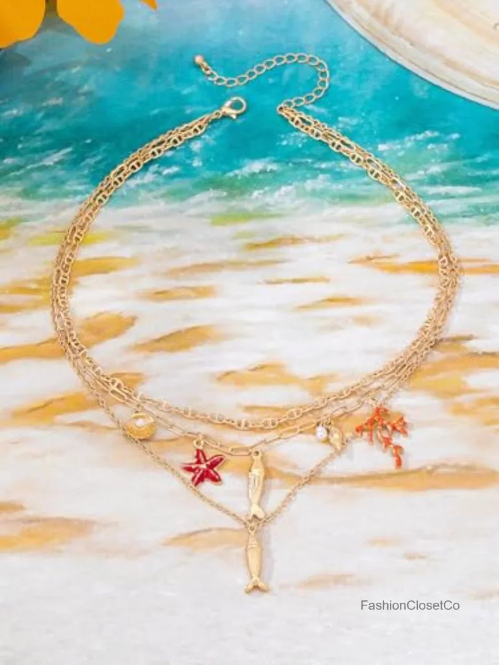 Layered Ocean Charm Necklace Multi Row Fish Starfish Shell Coral Pendant